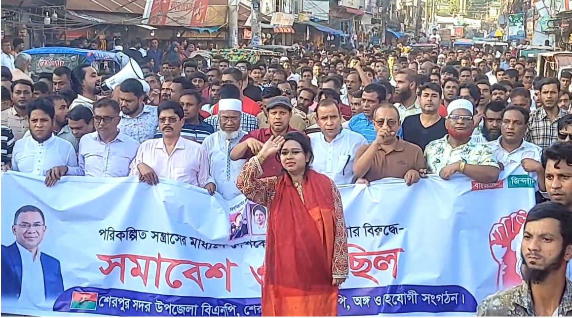 দেশে নৈরাজ্য সৃষ্টির প্রতিবাদে শেরপুরে বিএনপির বিক্ষোভ ও সমাবেশ