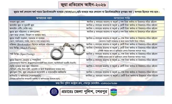 শেরপুরে জুয়া ও অনলাইন বেটিংয়ের বিরুদ্ধে ‘জিরো টলারেন্স