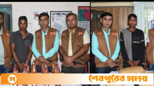 শেরপুরে ডিবি পুলিশের অভিযানে ভারতীয় মদ ও গাঁজাসহ দুই মাদক ব্যবসায়ী গ্রেফতার