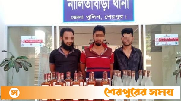 নালিতাবাড়ীতে পুলিশের অভিযানে ৩০ বোতল ভারতীয় মদসহ ৩ মাদক কারবারি গ্রেফতার