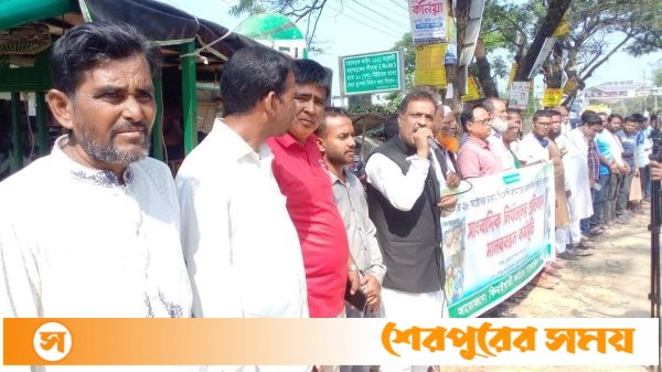সাংবাদিকদের উপর হামলার প্রতিবাদে শেরপুরের ঝিনাইগাতীতে মানববন্ধন