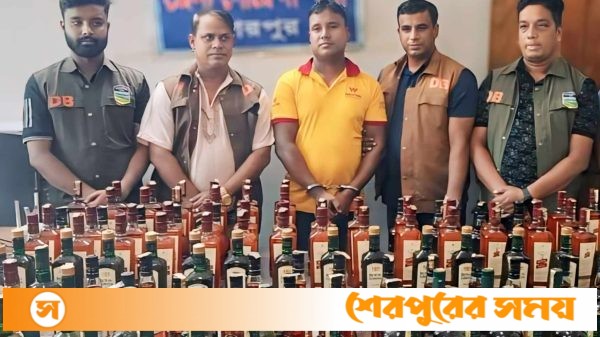 শেরপুরে জেলা গোয়েন্দা শাখা ডিবি পুলিশের অভিযানে ১৩৩ বোতল ভারতীয় সহ এক মাদক কারবারি গ্রেফতার